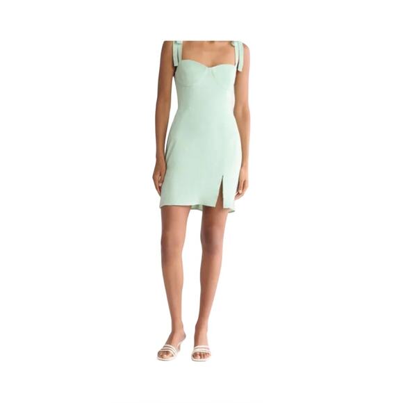 WAYF Mint Green Tie-Strap Mini Dress | Smocked Back | Crepe Fabric | NWT Size M - Picture 1 of 6